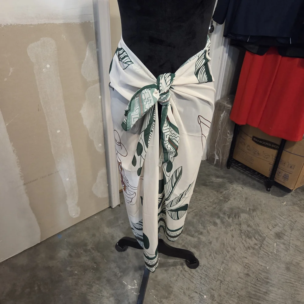 Oceanlass Cover Up Swim Wrap Skirt Green White Geometric Patterned Skirt Floral - Picture 2 of 11